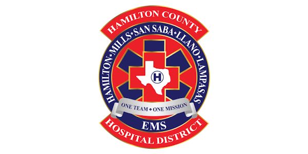 Hamilton County EMS logo with Texas outline and cross, red and blue with white text.