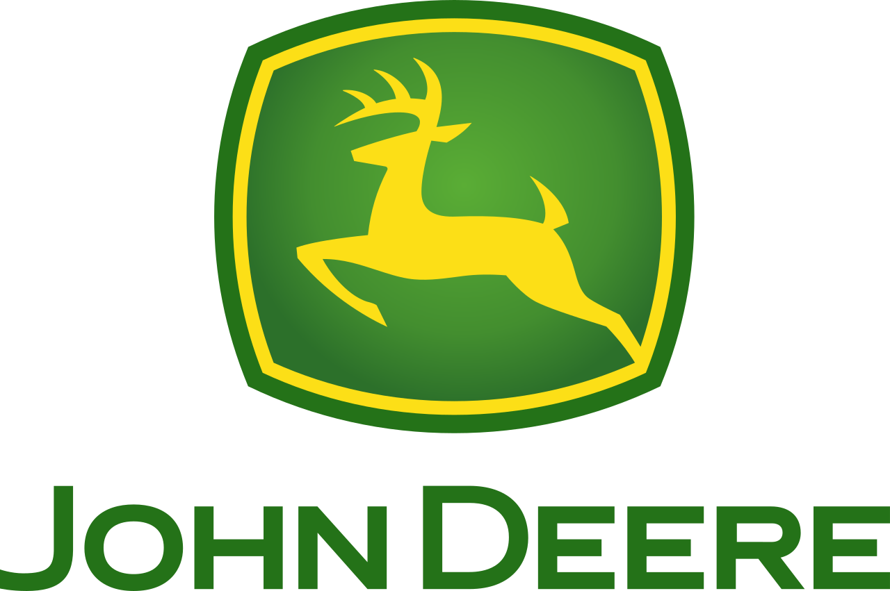 John Deere logo: yellow deer leaping inside a green and yellow rectangular shape, below JOHN DEERE.
