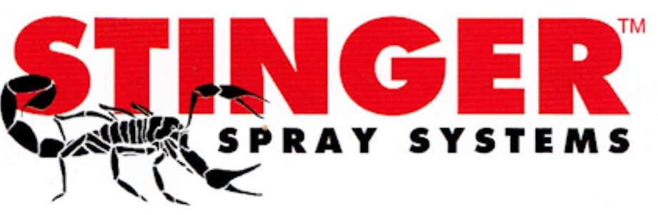 Logo for Stinger Spray Systems featuring a red, bold STINGER with a scorpion and SPRAY SYSTEMS underneath.