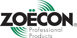 Logo for Zoecon Professional Products: black text with green accents; curved lines and dots.