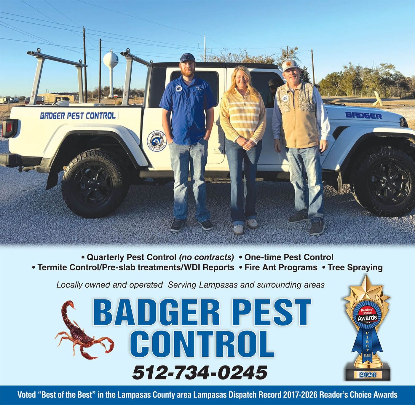 Badger Pest Control flyer with photos of staff and a white truck