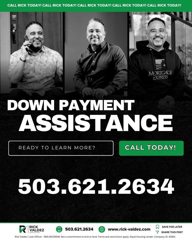 Down payment assistance ad with three men, phone number, and call-to-action buttons.