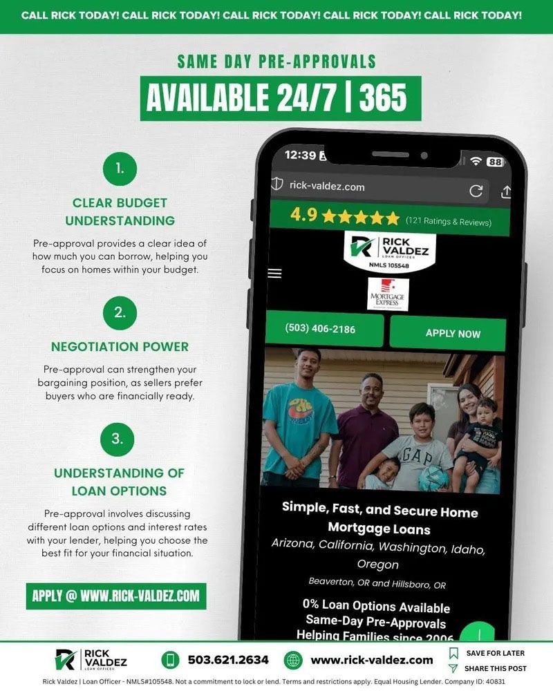 Advertisement for Rick Waitez mortgage loans with a phone displaying the website and information on same-day pre-approvals.