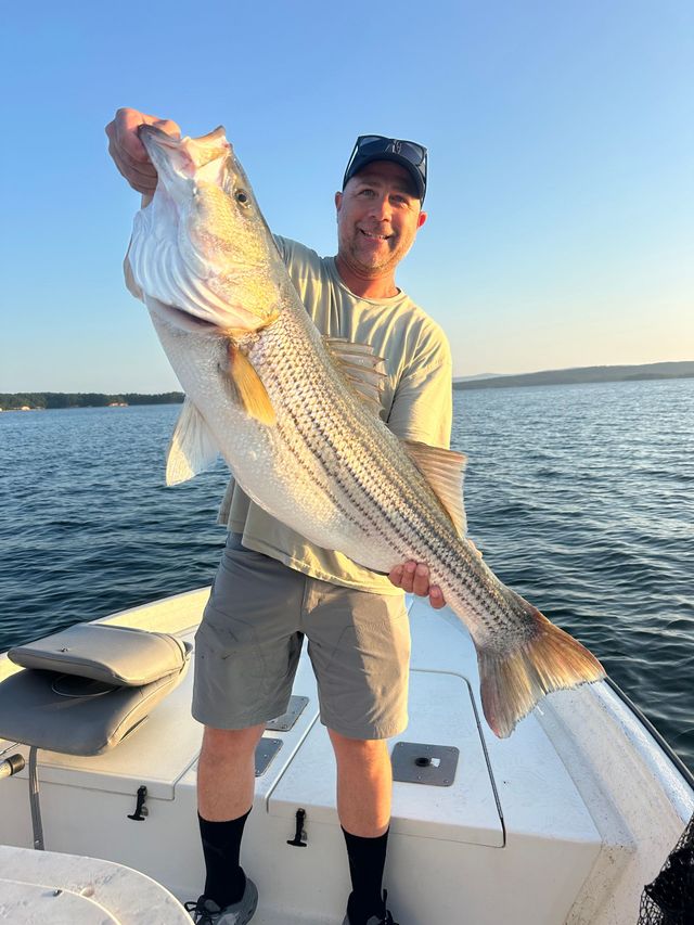Man holding a large striped fish on a boat at sunset on calm water