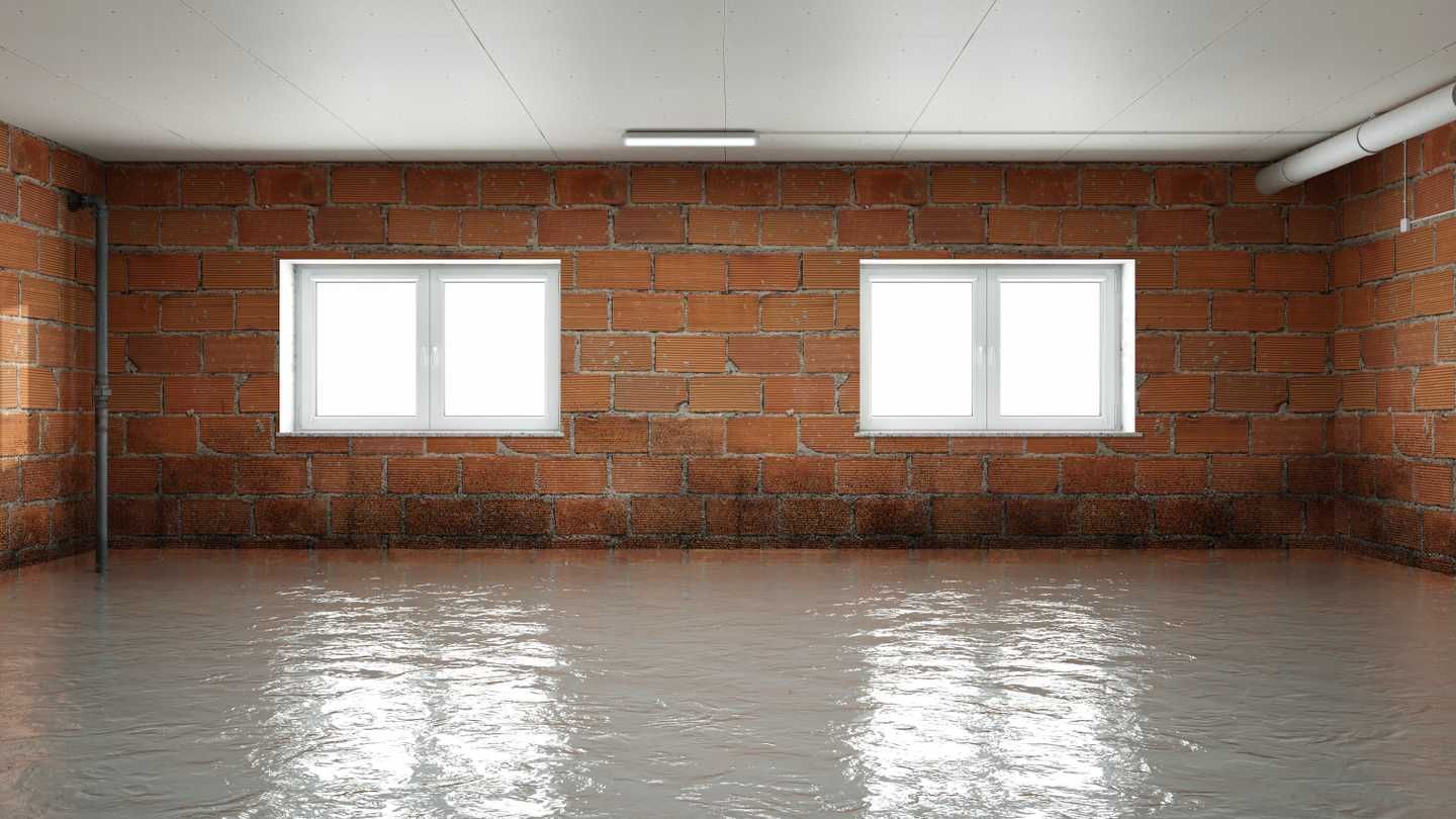 Empty room with brick walls, two windows, and a shiny, wet concrete floor.