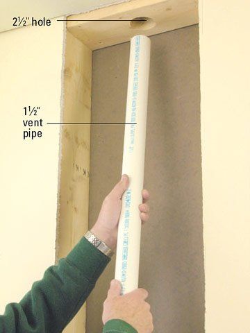 Person holding a 1 ½” vent pipe. The pipe is positioned inside a wall. A 2 ½” hole is above the pipe.