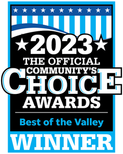 2023 Community's Choice Award badge. Black, white, and blue colors. 