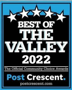 Best of the Valley 2022 award badge. Features white stars, blue border, and Post Crescent logo.