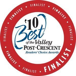 Red and white award logo for 