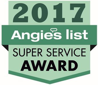 Angie's List Super Service Award badge, green and white. Text reads 
