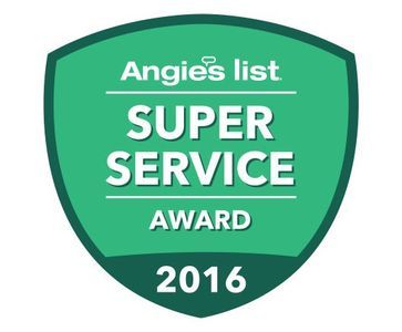 Angie's List Super Service Award badge, green shield with white text, 