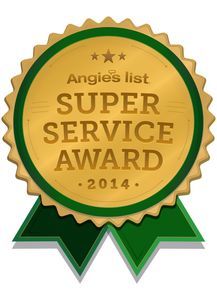 Angie's List Super Service Award, 2014. Gold circle with green ribbon, text.