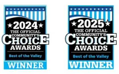 Two award badges: 2024 and 2025 Official Community's Choice Awards, Best of the Valley, Winner in a blue and white design.