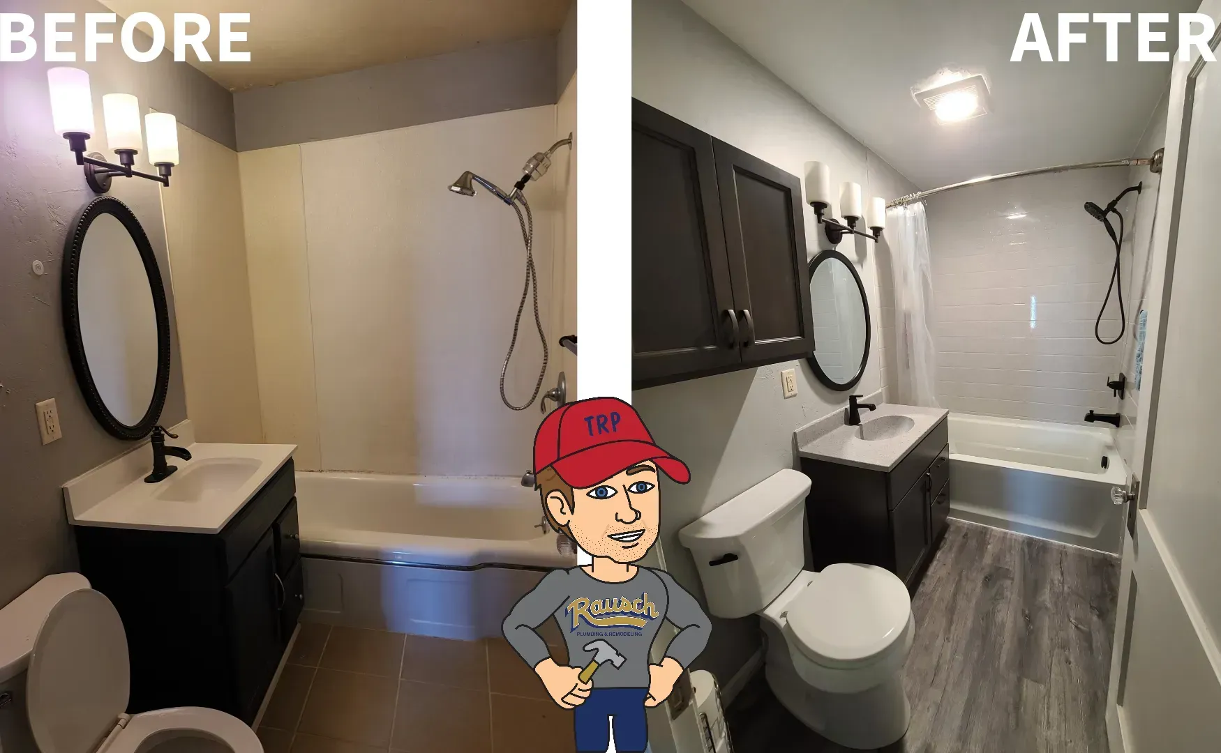 Bathroom remodel comparison: before (drab) and after (modern) with new fixtures, dark vanity, and updated flooring.