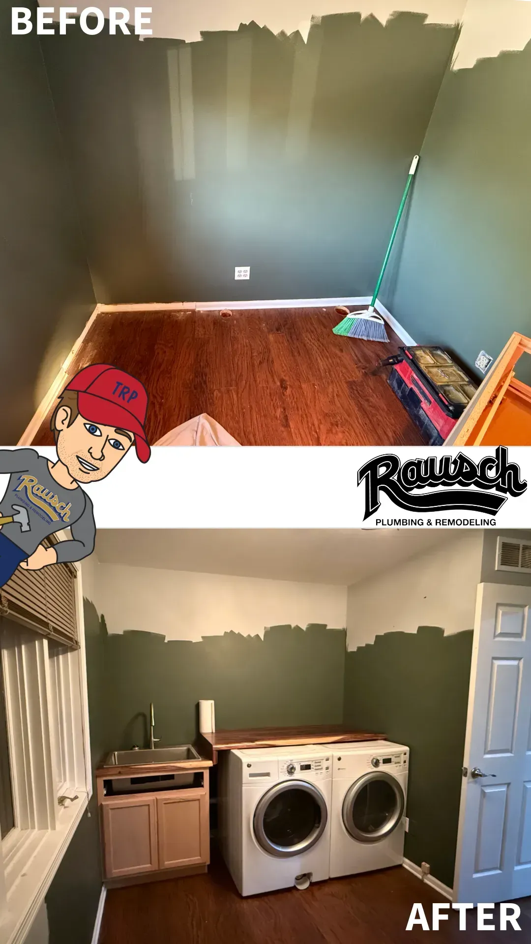 Before-and-after of a laundry room: green walls, washer/dryer, sink.