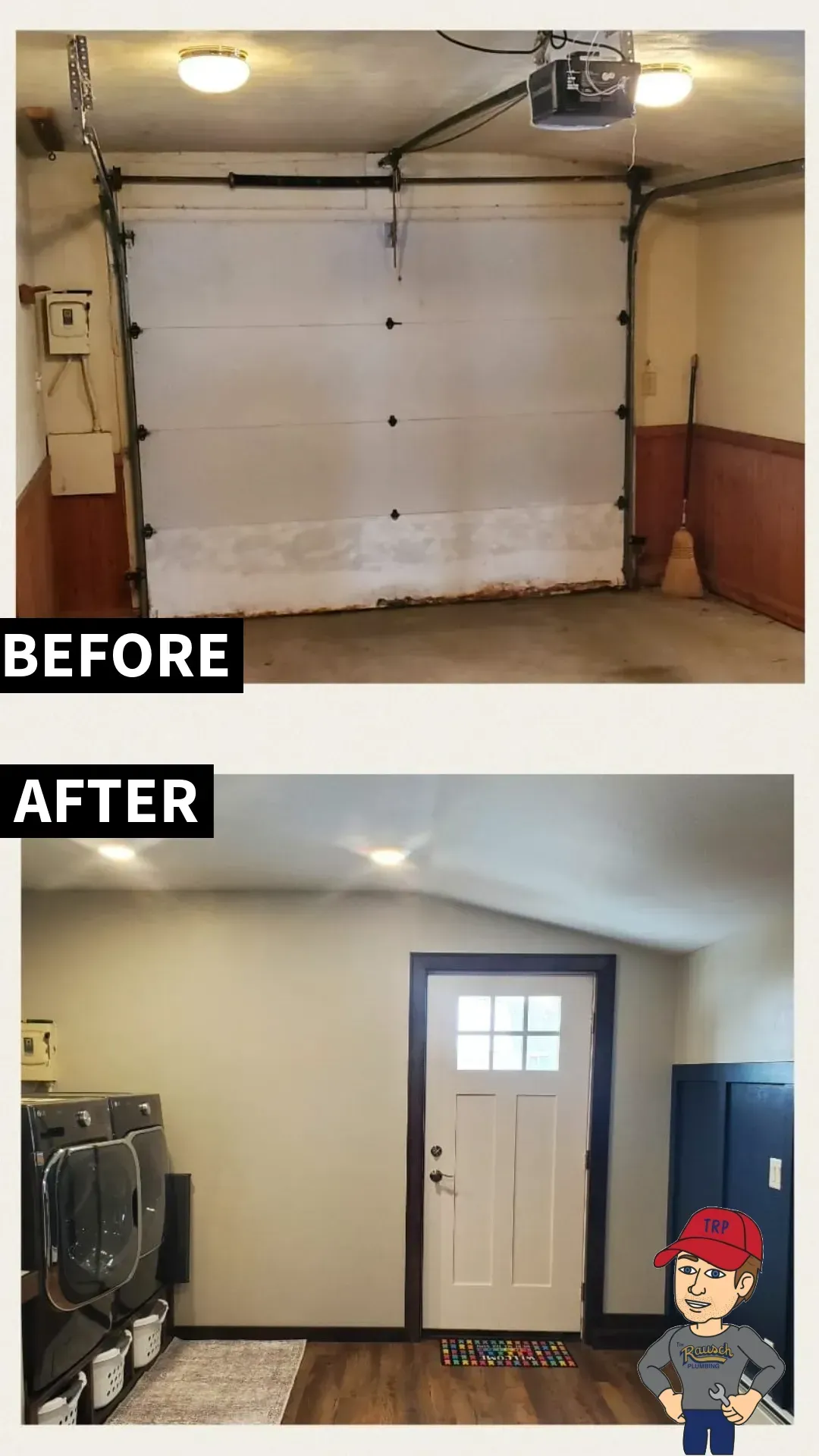 Garage converted. Before: garage door. After: laundry room with door, washer/dryer, and rug.