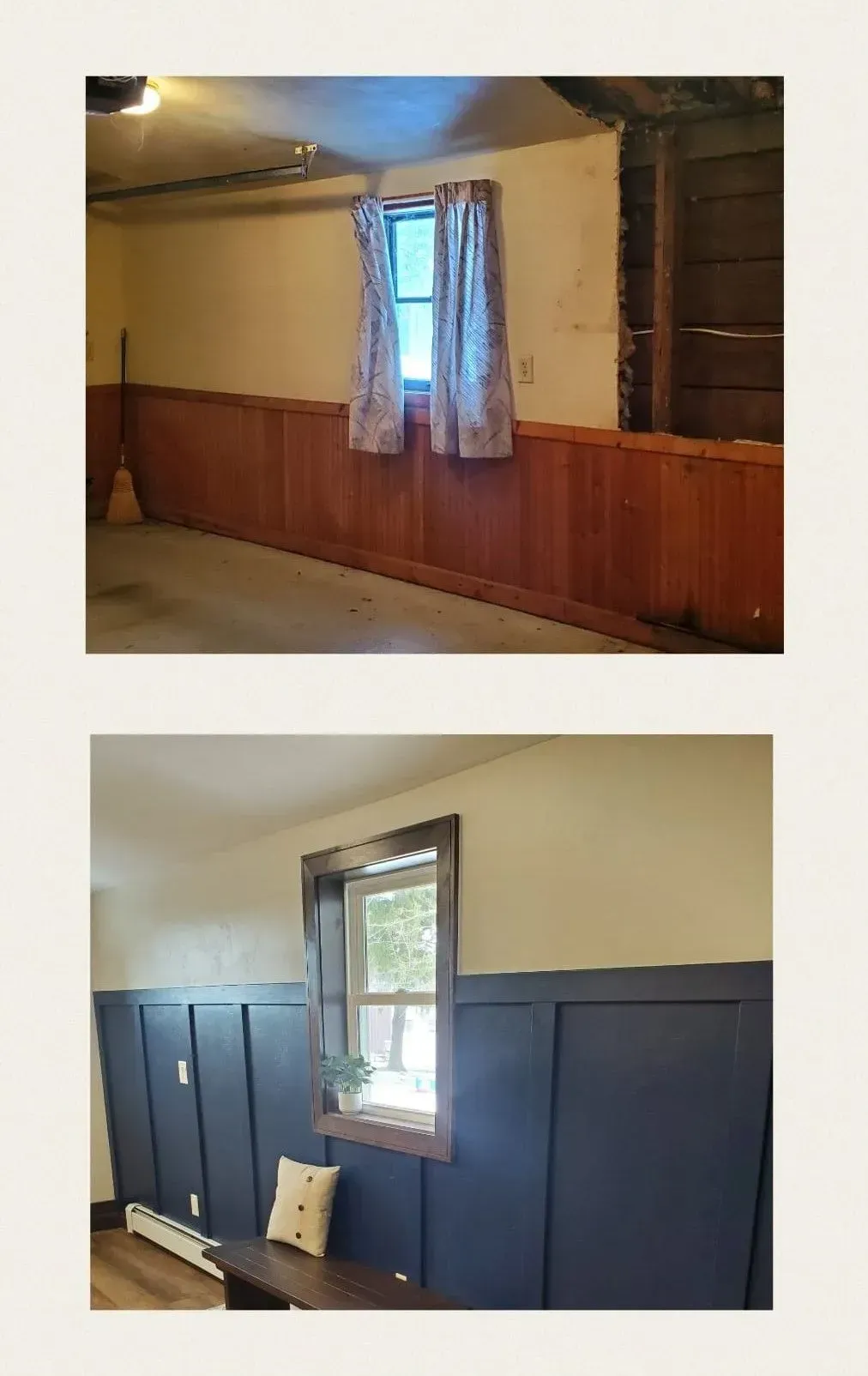 Before-and-after of a room renovation, showing a window with wood paneling. The panels changed from brown to navy blue.
