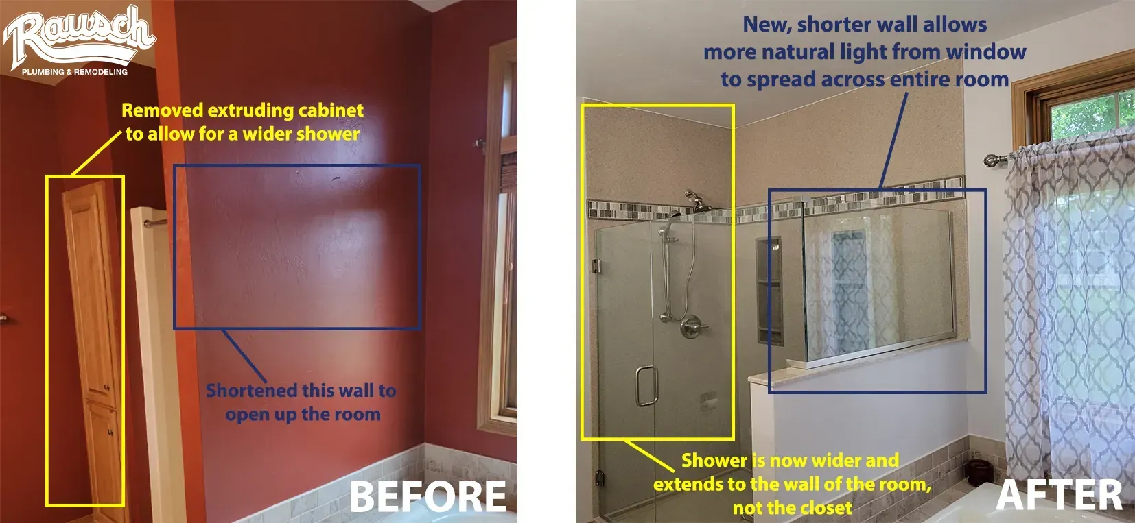 Bathroom remodel before and after. Removed cabinet, shortened wall to allow more light, added shower.
