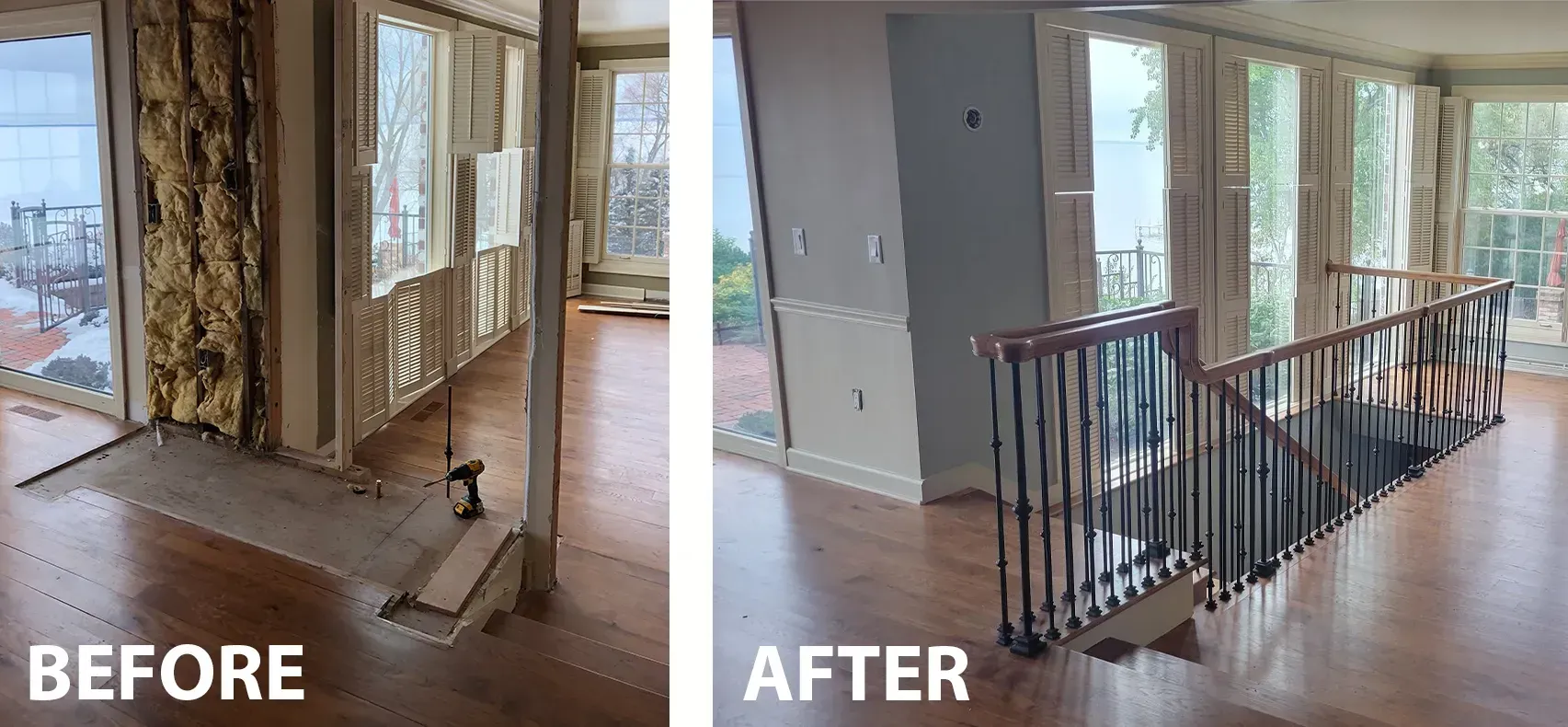 Before and after view of a home interior renovation, showing a staircase. The 