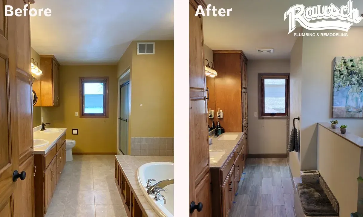 Bathroom renovation before and after: Golden oak cabinets, neutral wall paint, and new flooring.