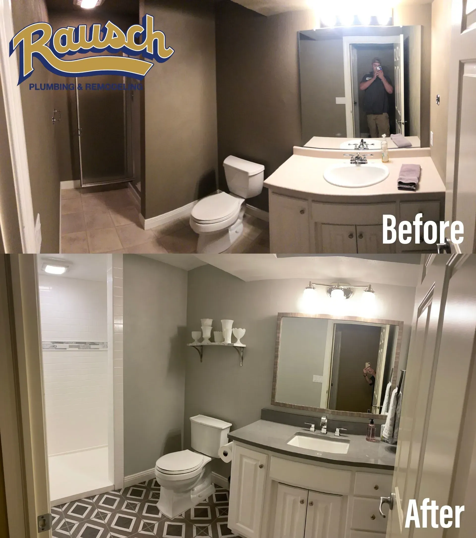 Bathroom renovation: before and after shots. Before photo shows brown walls, after photo features gray walls, new tile, and vanity.