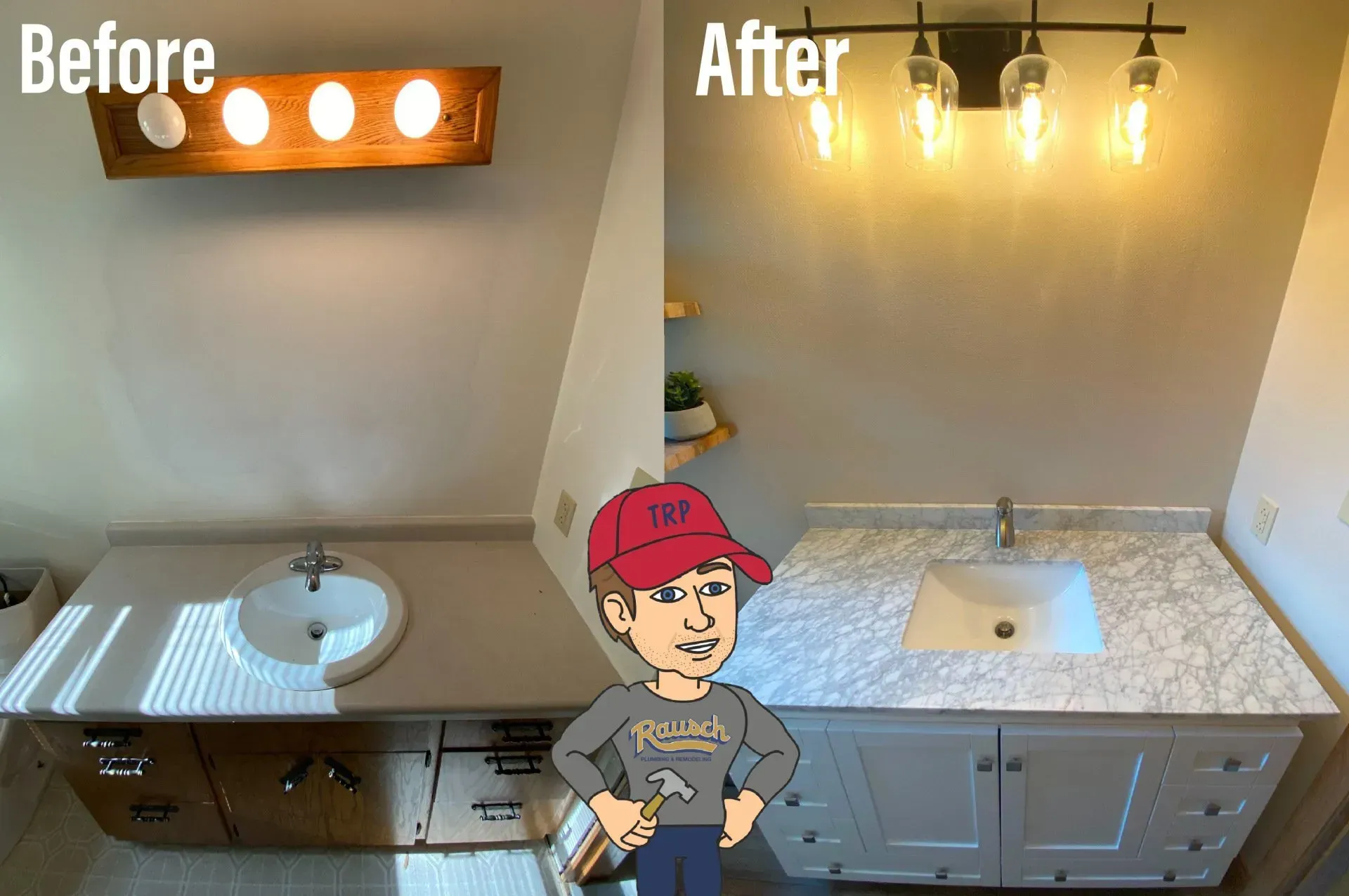 Bathroom remodel before/after. Old light fixture, wood vanity vs. new lighting, gray cabinets, granite countertop.