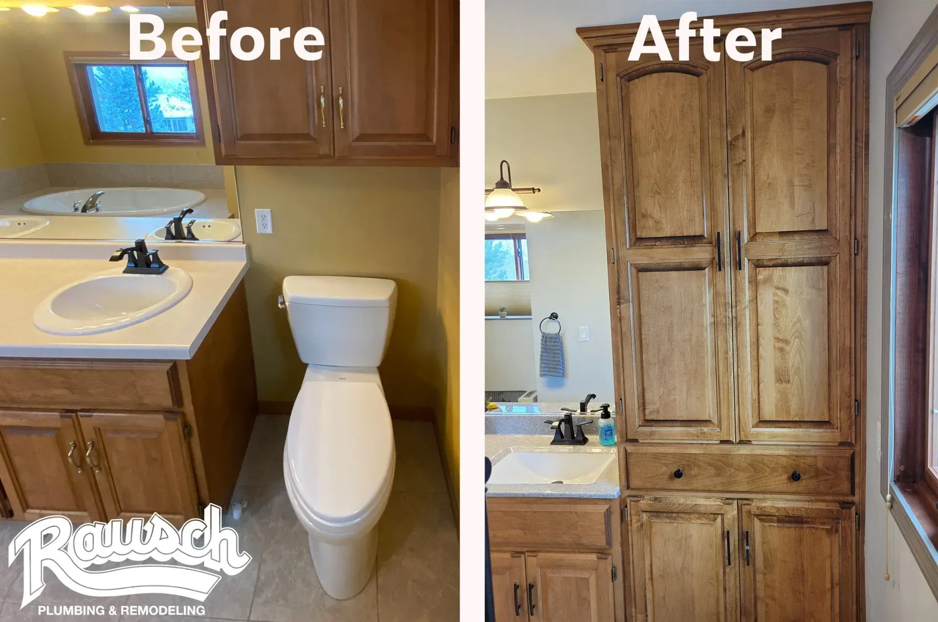 Bathroom renovation: Before and after. Old cabinets replaced with tall, stained wood storage.