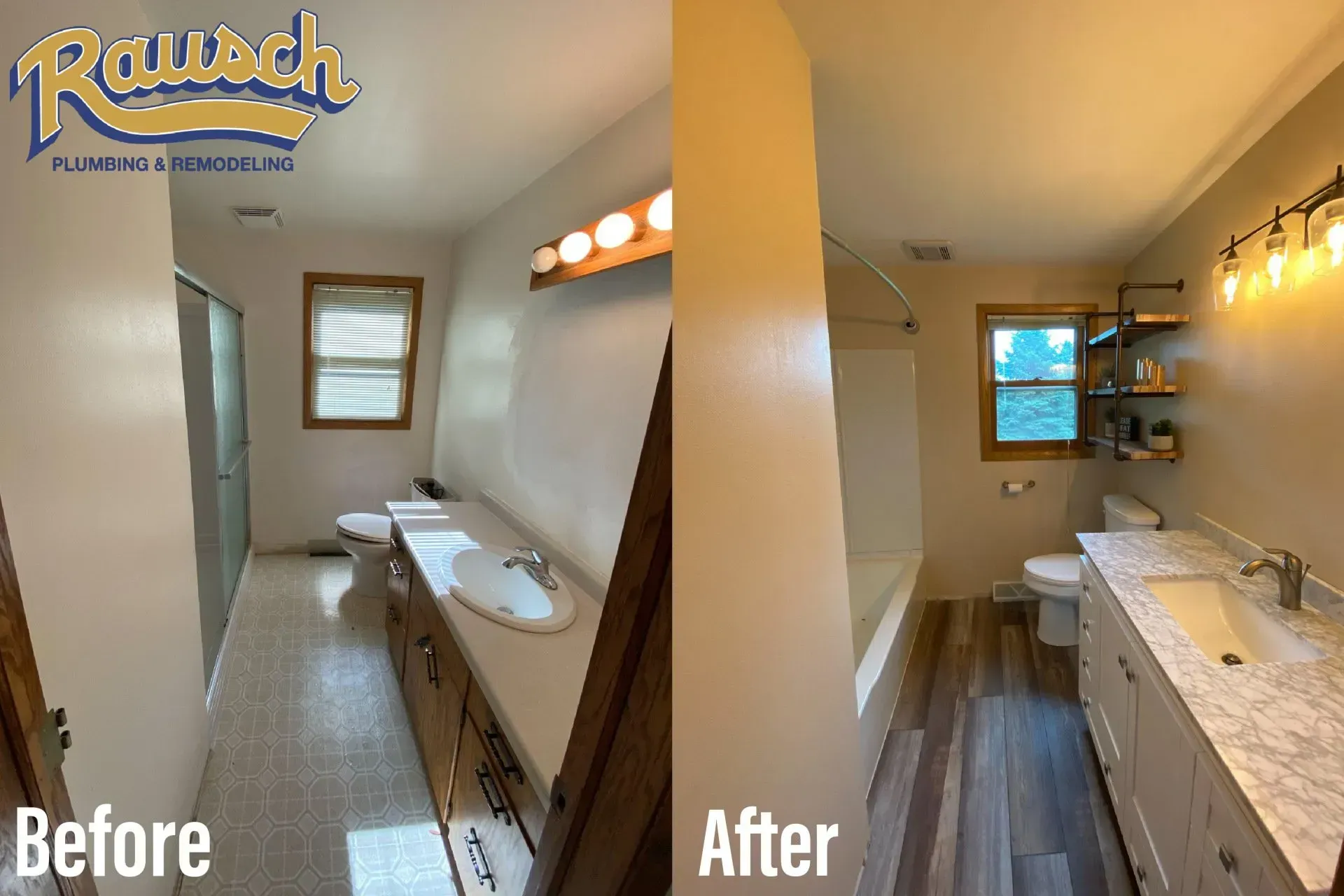 Bathroom remodel comparison: before and after shots. Old bathroom with tan floor, new with wood-look tile.