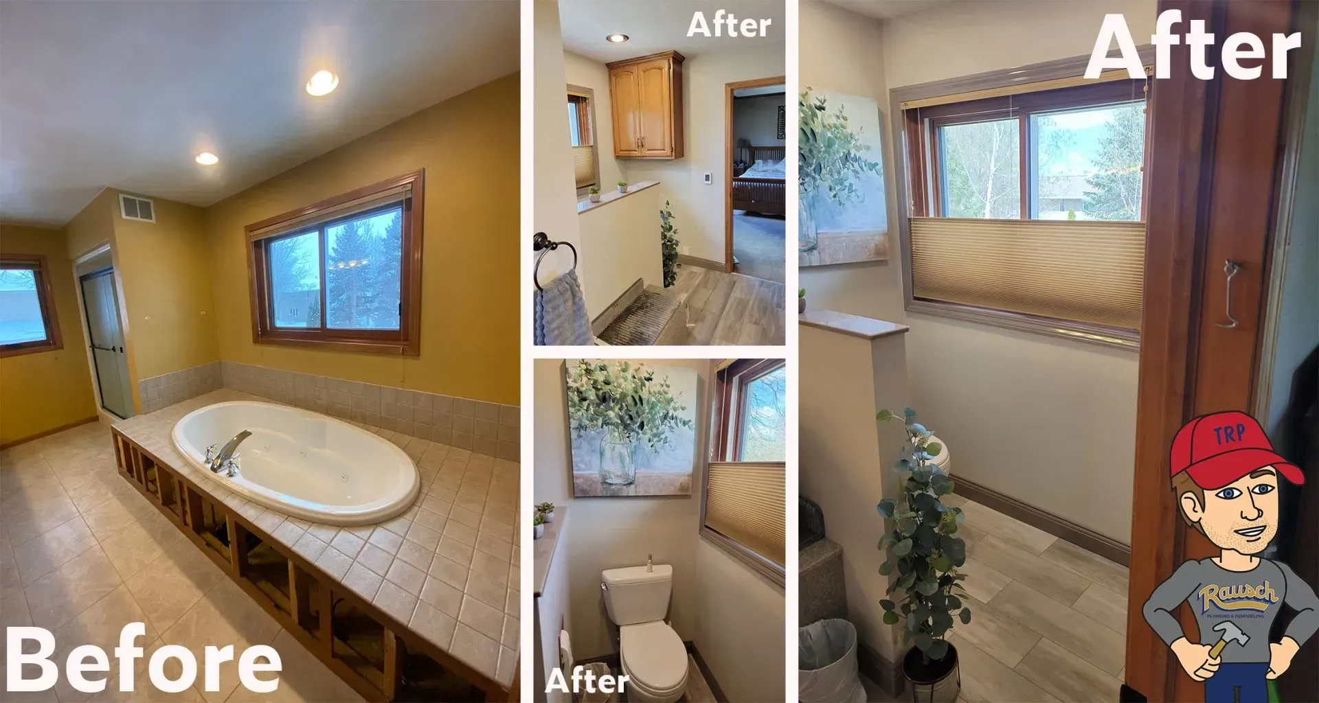 Bathroom renovation before and after. Yellow walls with bathtub compared to updated neutral tones. A person cartoon is added.