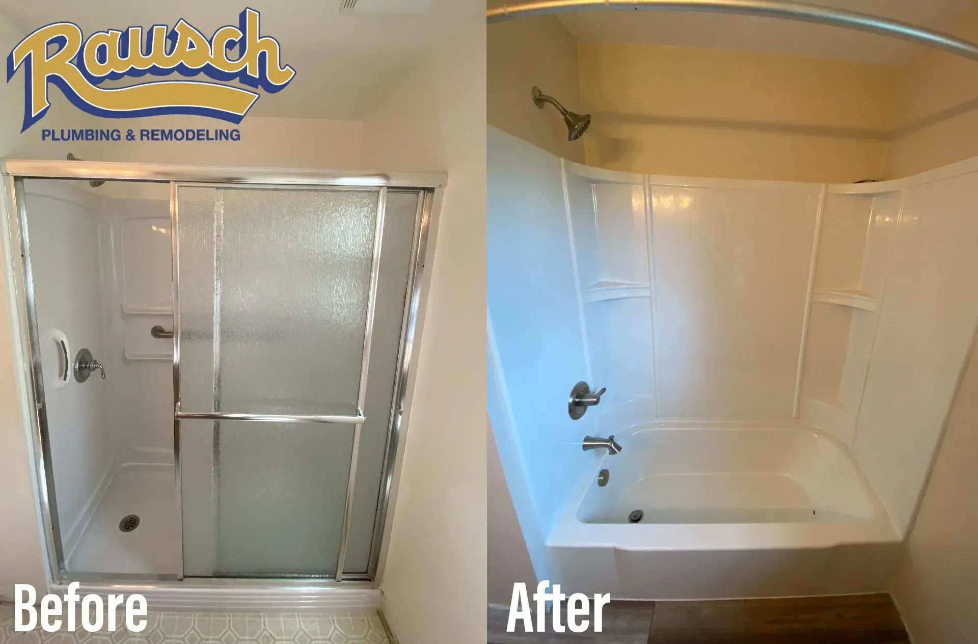 Before and after of a bathroom shower remodel. White shower with glass door before, white tub with shower head after.