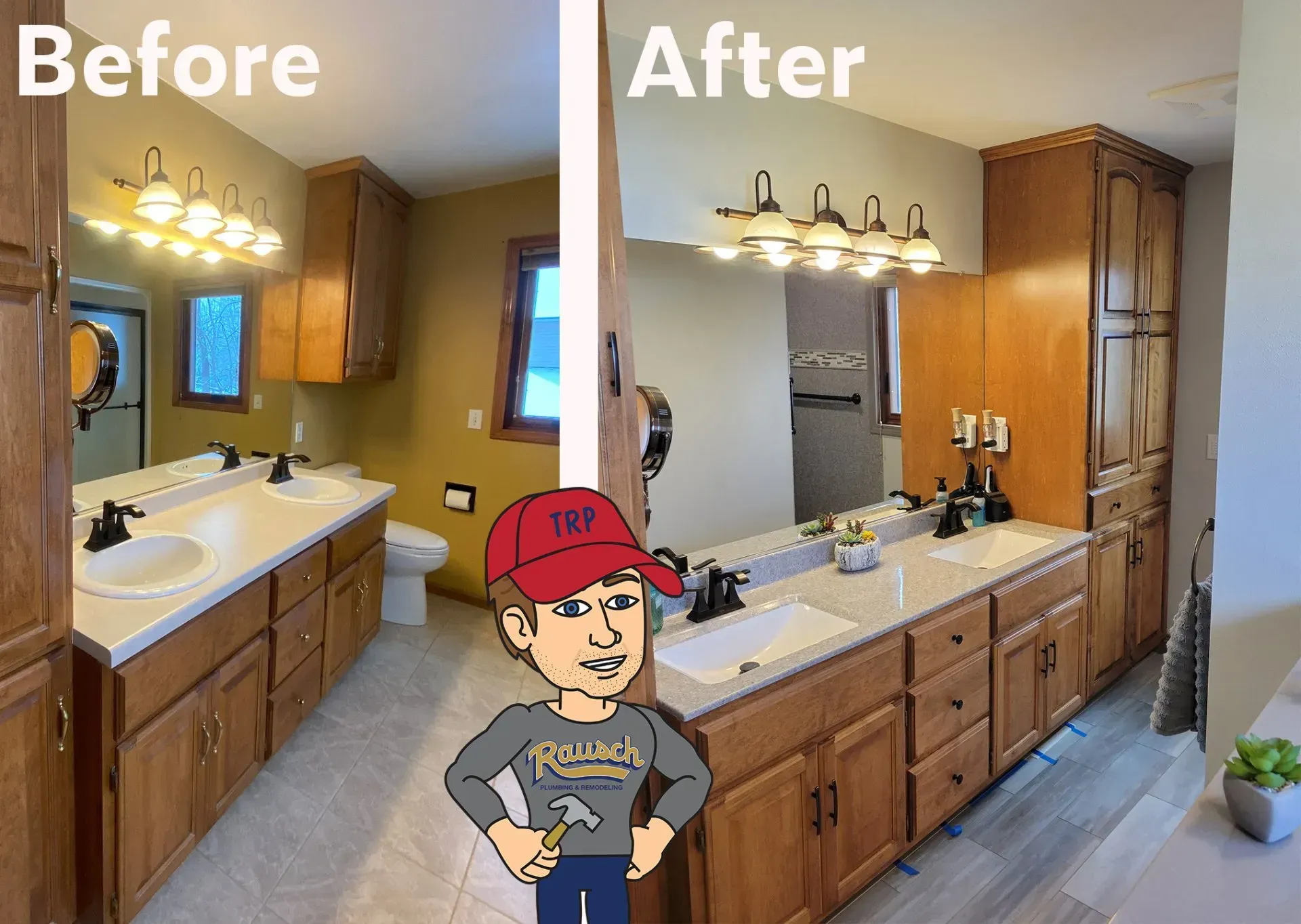 Bathroom before and after renovation. The before photo has yellow walls, the after has neutral walls, new countertops, and cabinet finish.