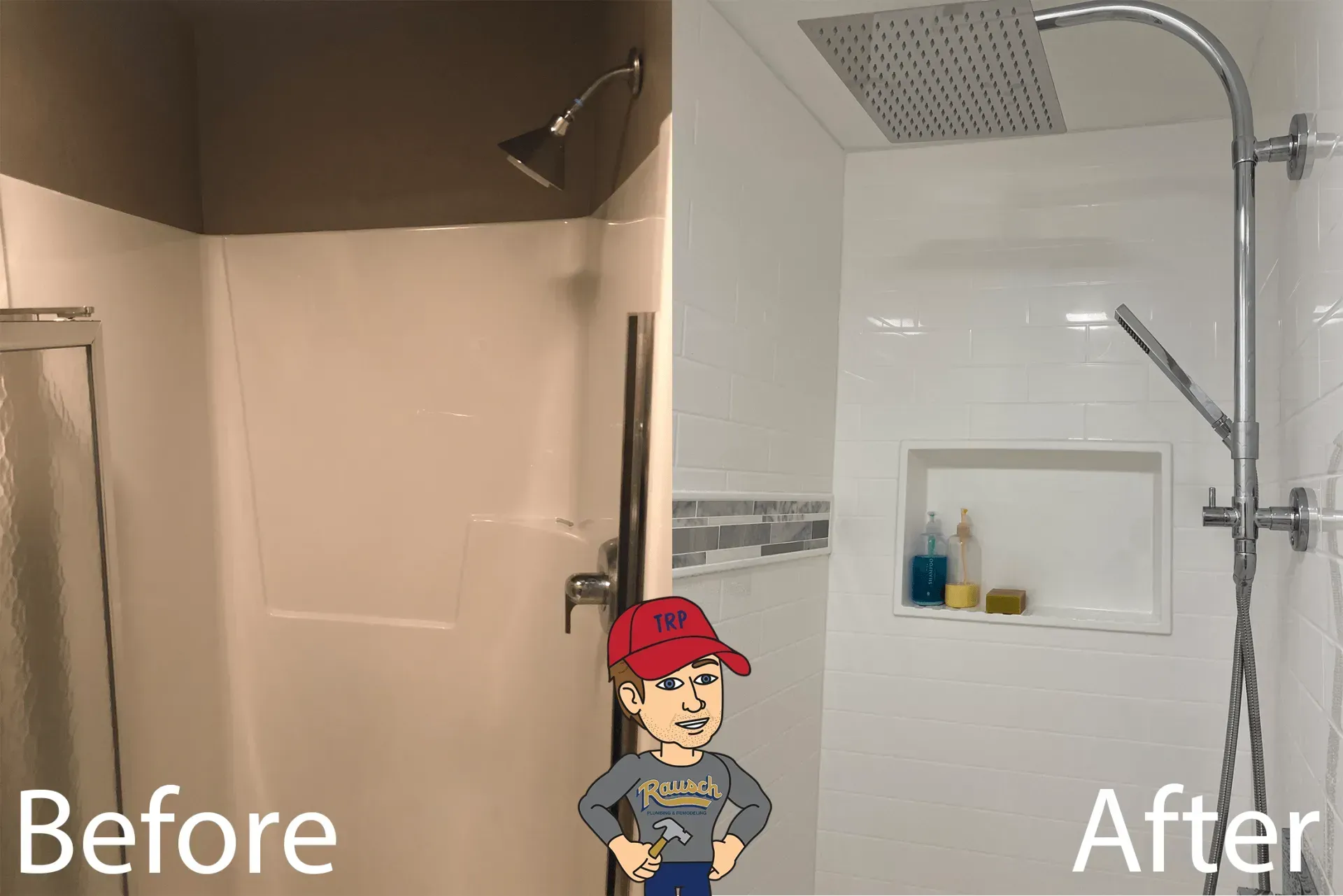 Shower remodel comparison: Before, a plain white stall; After, a tiled shower with rain head and shelf.