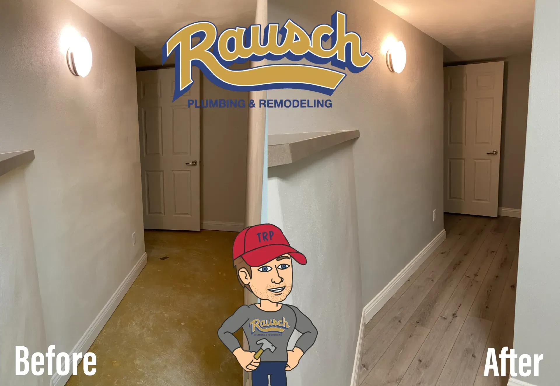 Before and after of a remodeled hallway with light gray walls, new flooring, and a contractor logo.