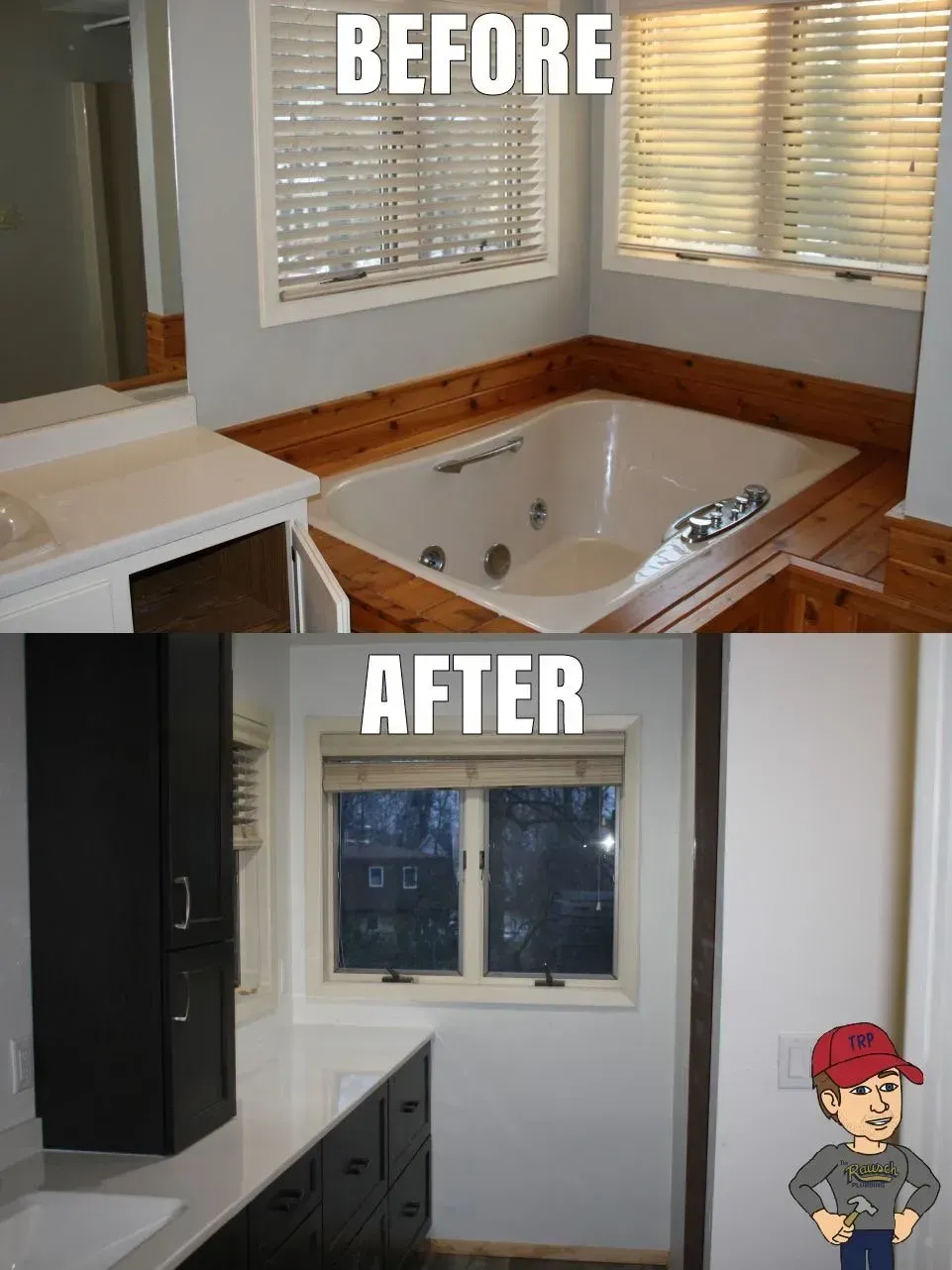 Bathroom before and after renovation: spa tub, white and wood trim, dark cabinets.