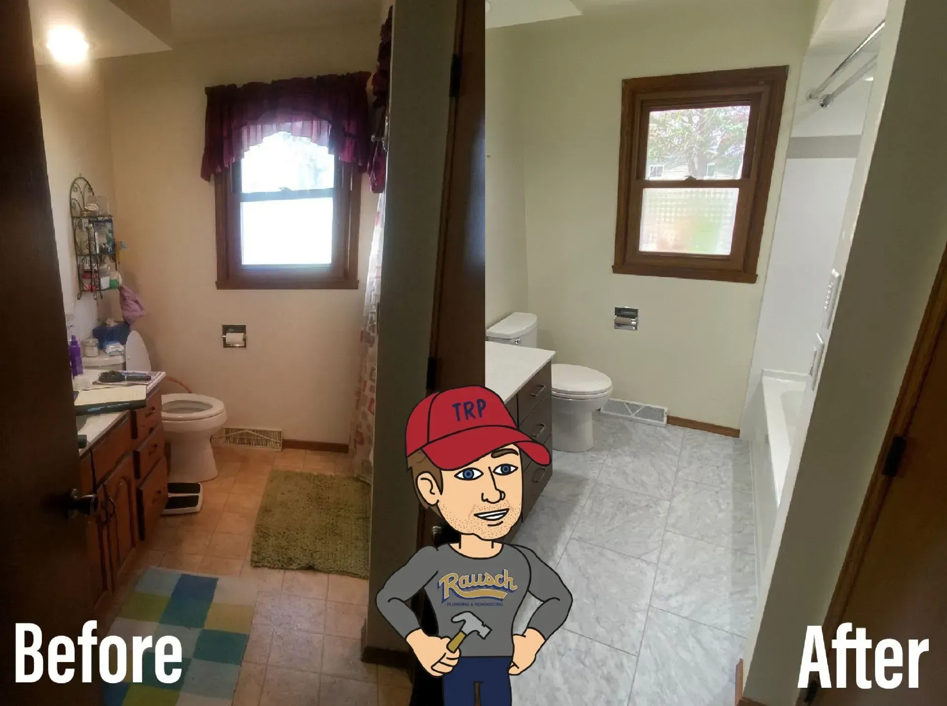 Bathroom before and after renovation. The before has brown cabinets and patterned rug. The after has light walls.
