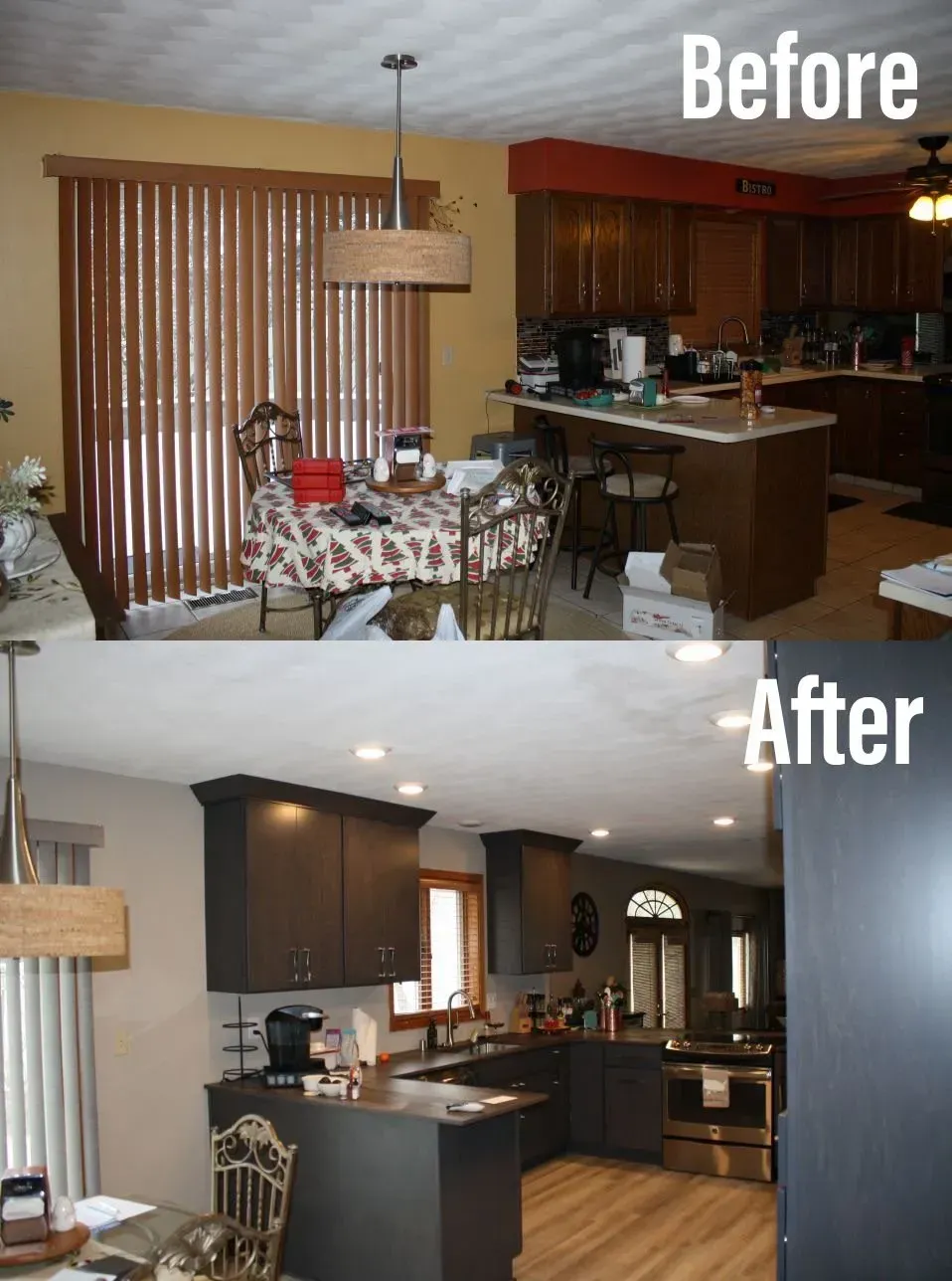 Kitchen remodel comparison: before (brown cabinets, dark blinds) and after (gray cabinets, recessed lighting, lighter flooring).