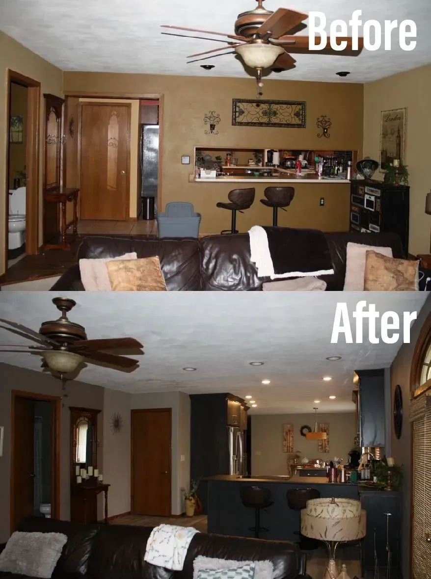 Living room before and after renovation: brown and white to gray and black with updated lighting.