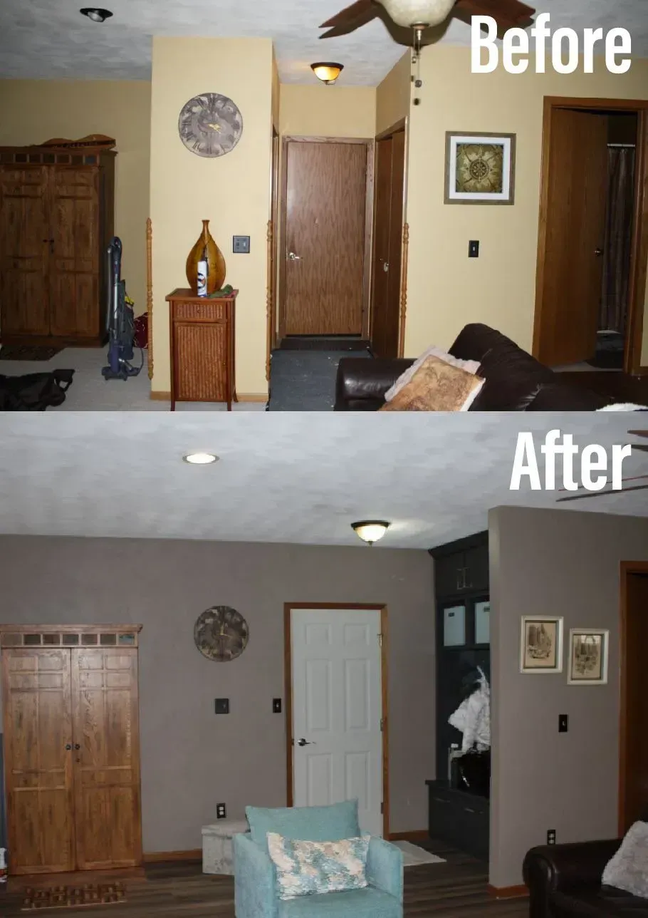 Before and after interior view; living space redecorated with a new color scheme and furniture.