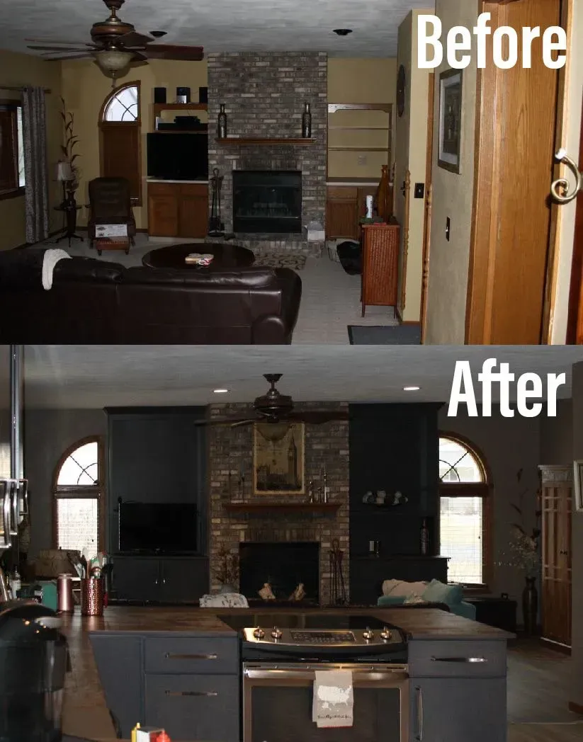 Side-by-side comparison of a living space. Before: brown brick, wood furniture. After: dark cabinets, gray walls, modern.