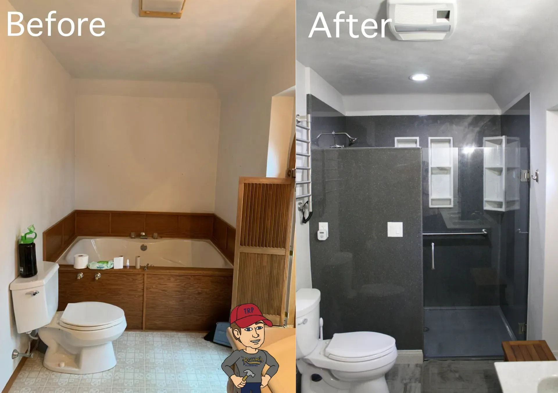 Side-by-side bathroom renovation: before and after. Old wood tub, new gray tile shower.