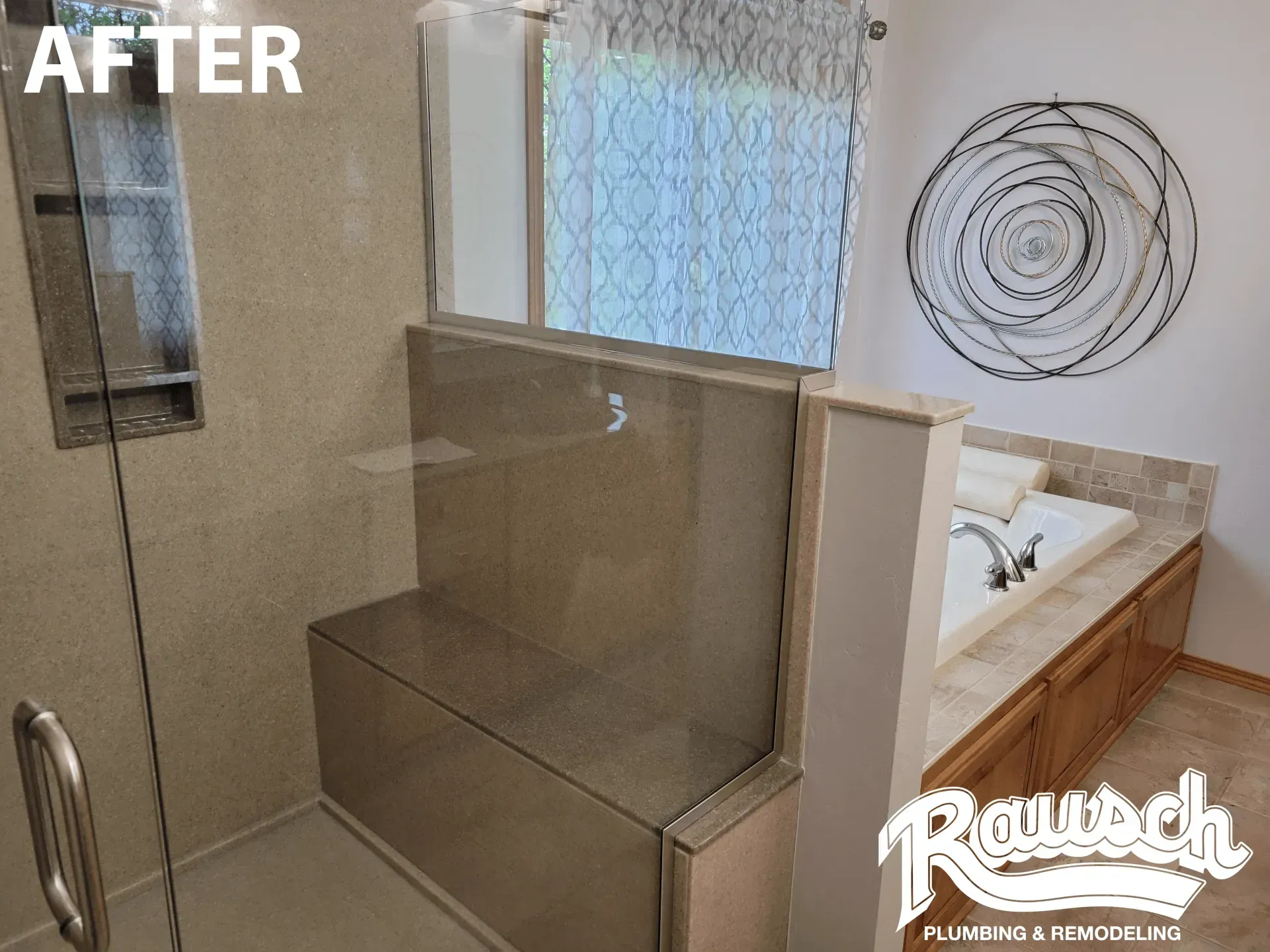 Bathroom renovation with glass shower, built-in bench, and adjacent tub. Beige tile, white walls. 