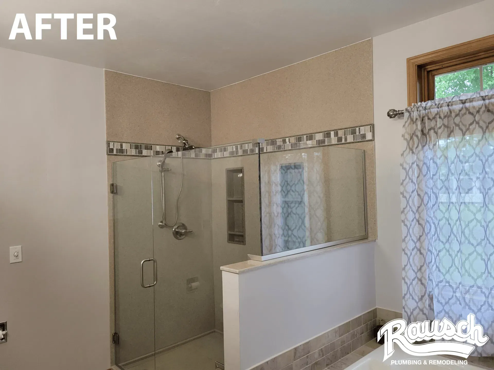 Bathroom with glass shower, neutral-toned walls, and a small window with a curtain.
