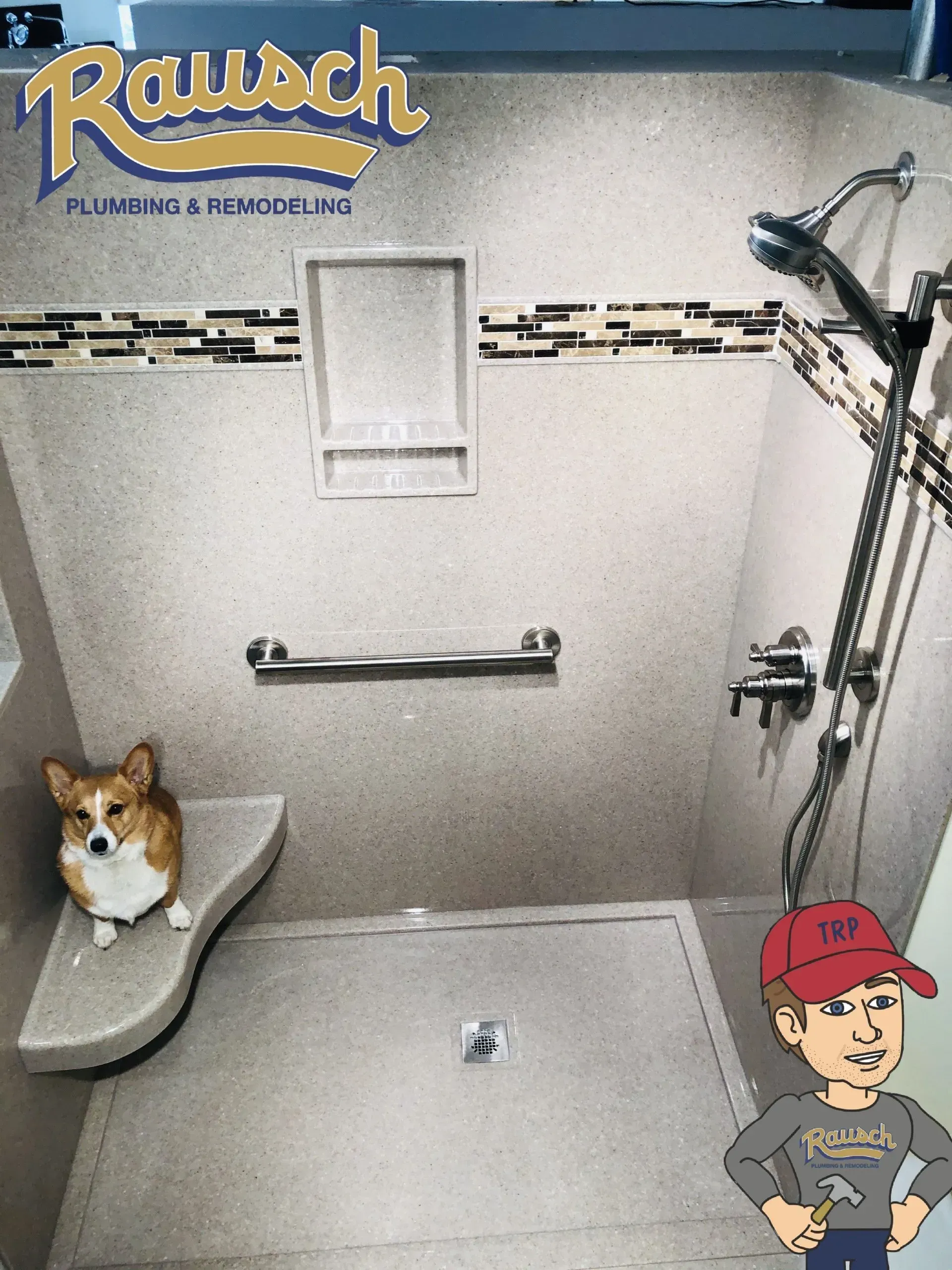 Corgi dog sits in a newly renovated shower. Plumbing logo in the top left and cartoon man on bottom right.