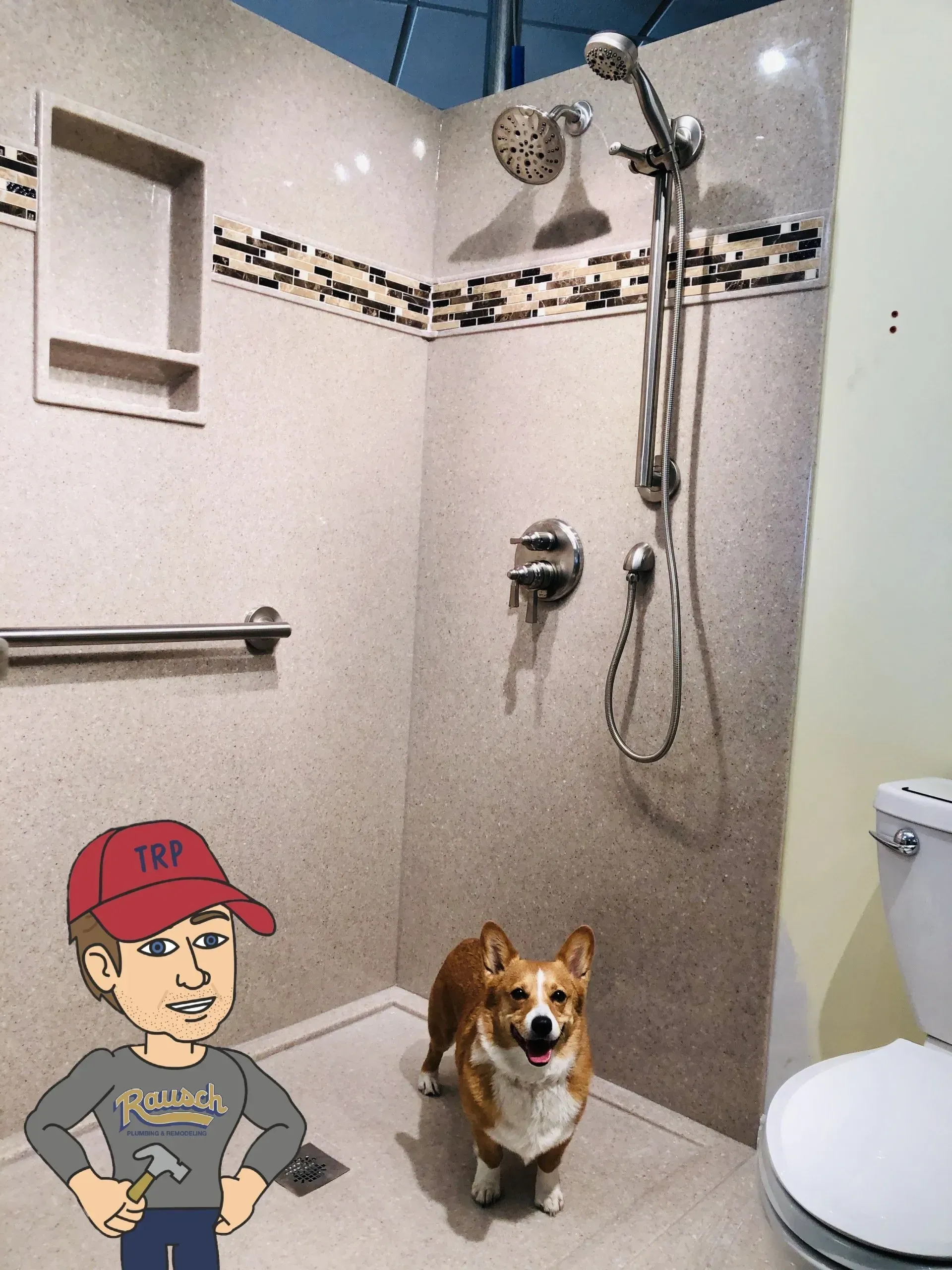 Cartoon man and corgi dog in newly remodeled shower with grab bar and recessed shelf.