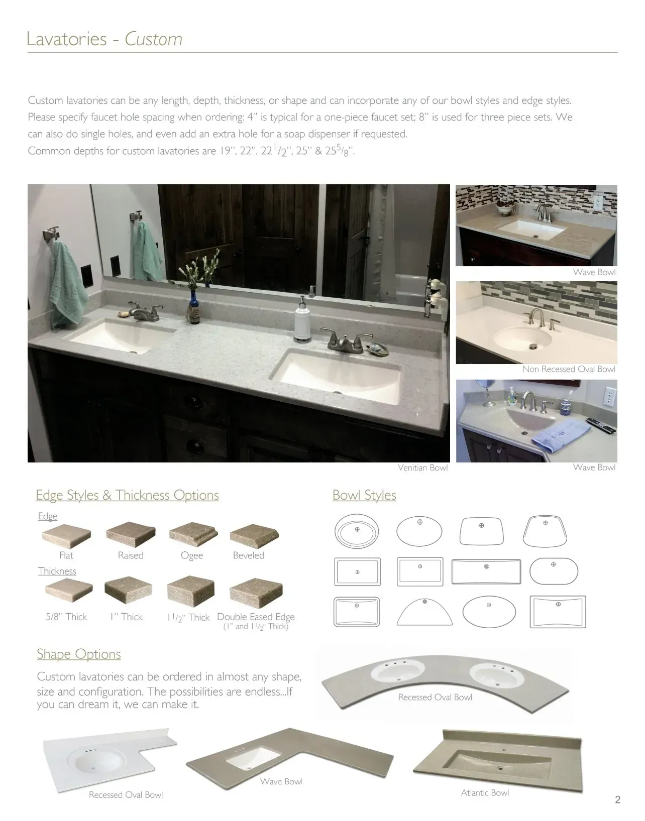 Bathroom countertop options with images of countertops, edges, and shapes.