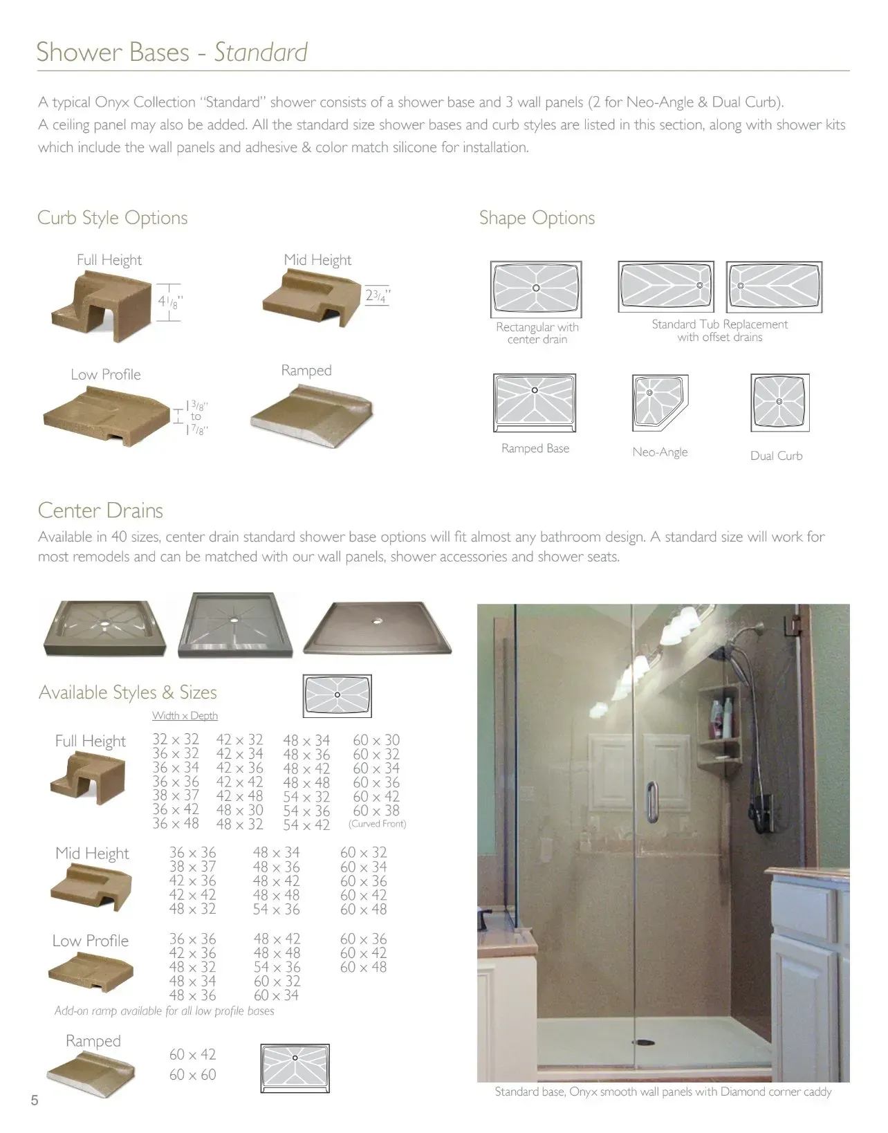 Catalog page with shower base options, dimensions, and example shower stall photo.