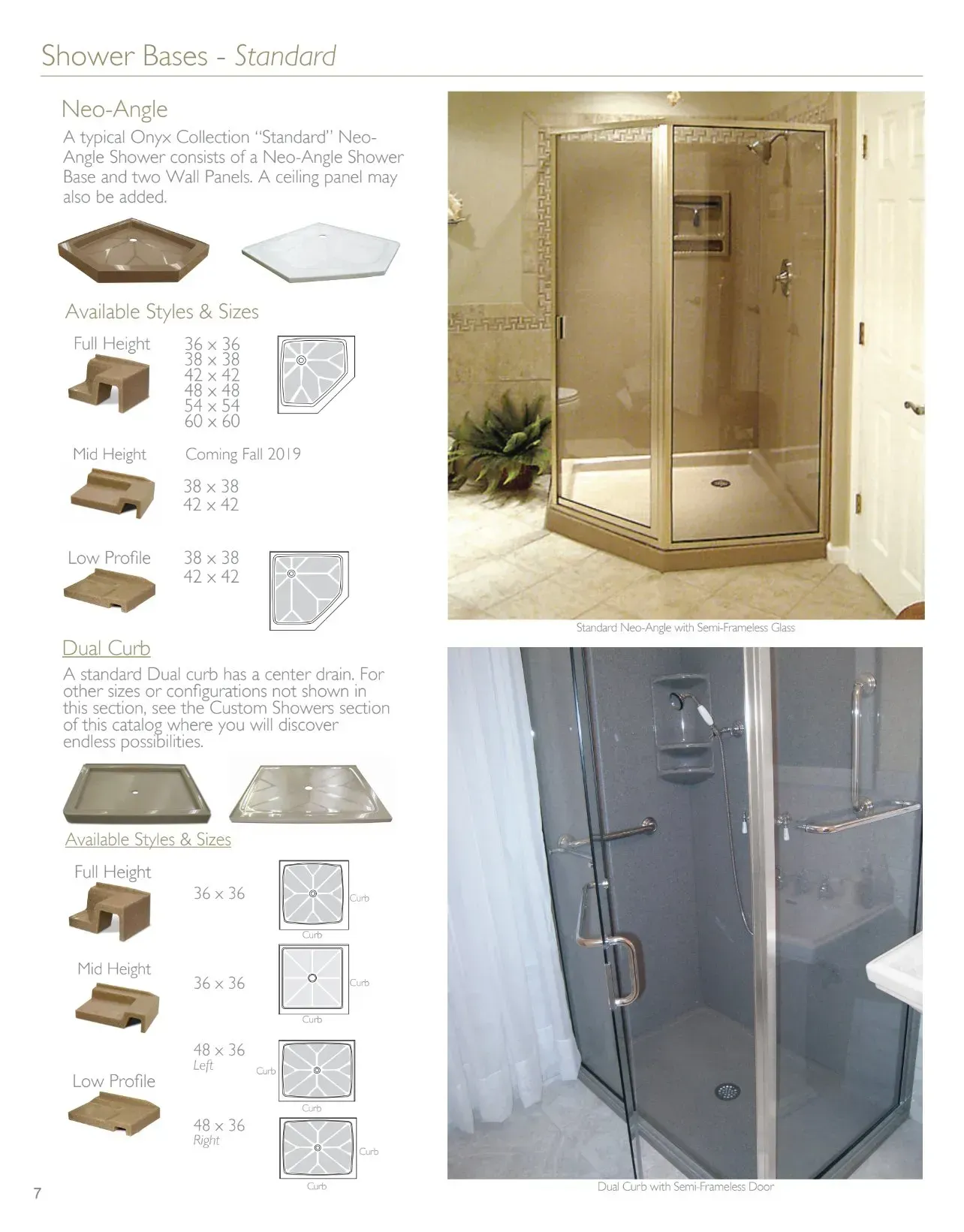 Page with shower bases and installation diagrams, plus two photos of installed units.