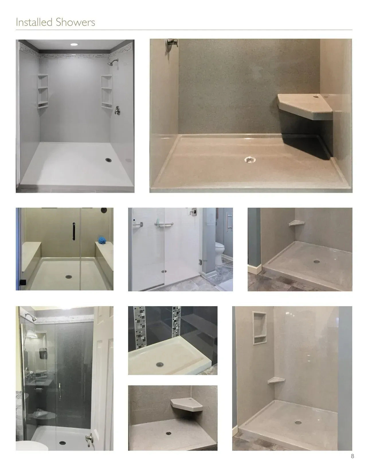 Irregular shower designs with various layouts and features like benches and shelves.