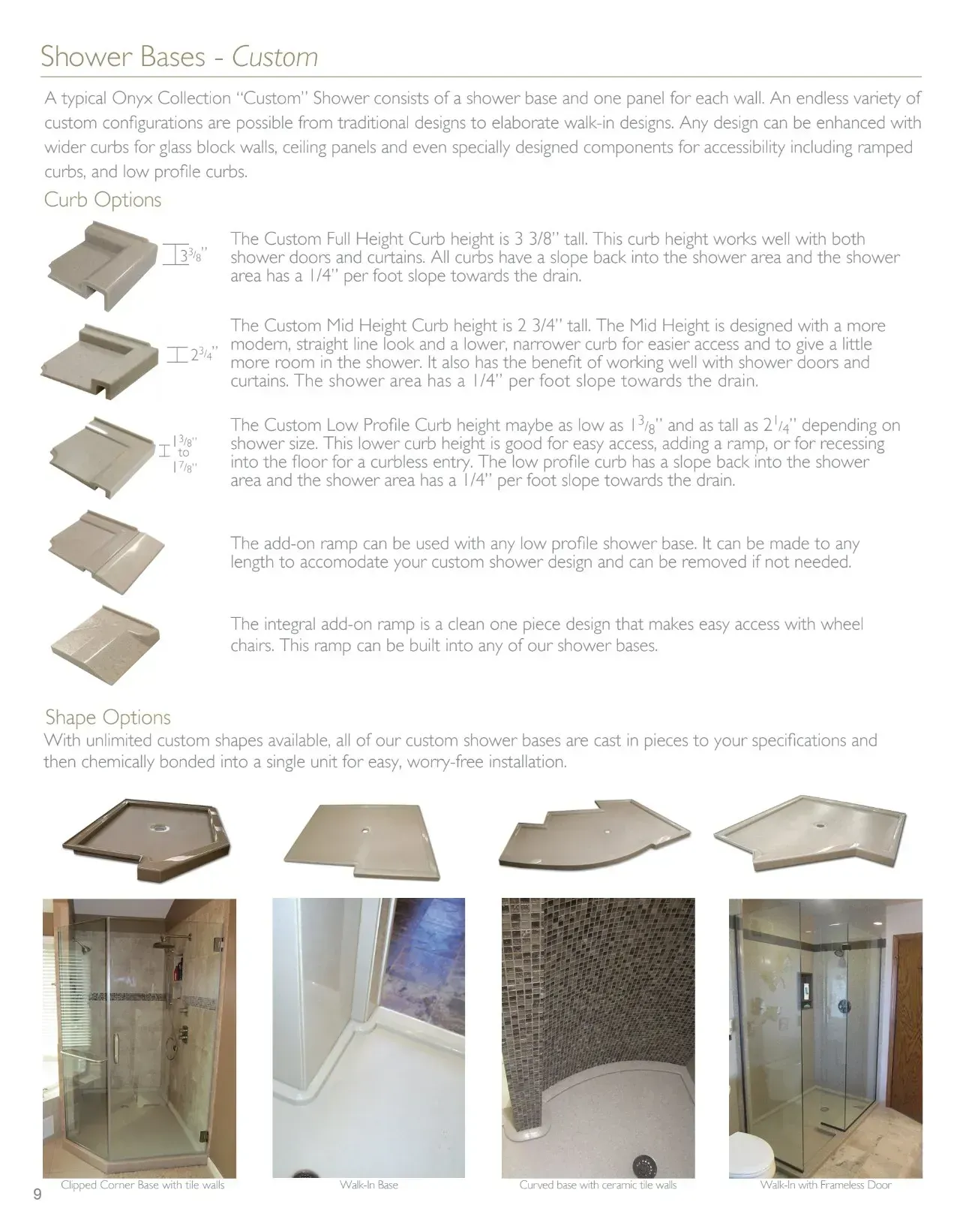 Shower bases catalog: Different base shapes and installation examples.