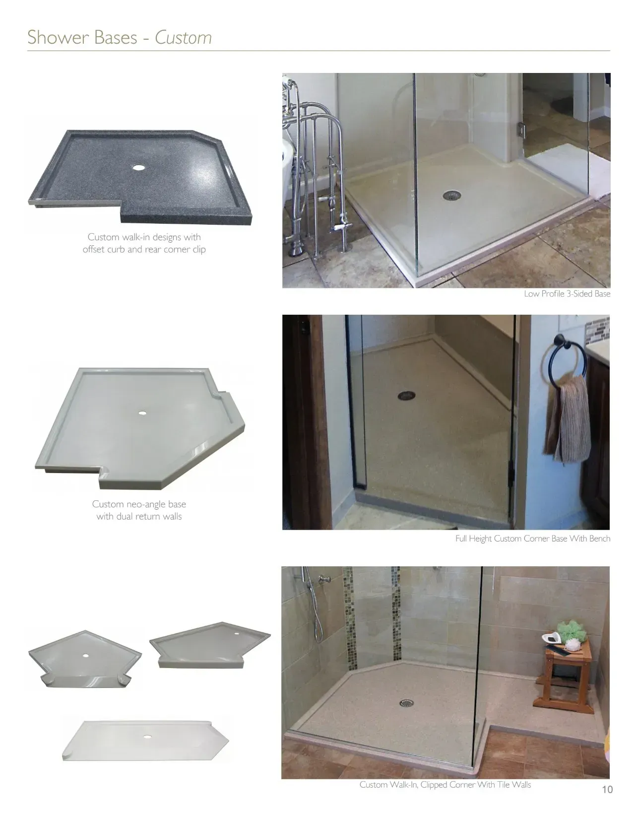 Shower bases in various custom shapes and installation examples.